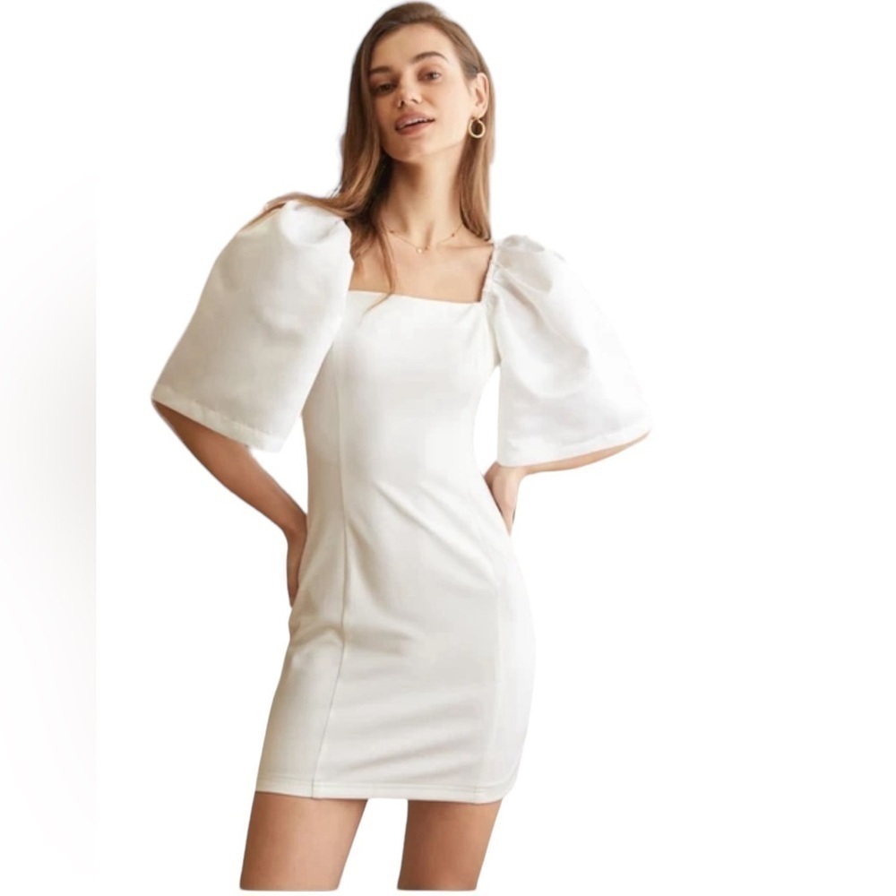 AEL Amy Enjoy Life White Square Neck Short Puff Sleeves Elegant Dress Size L